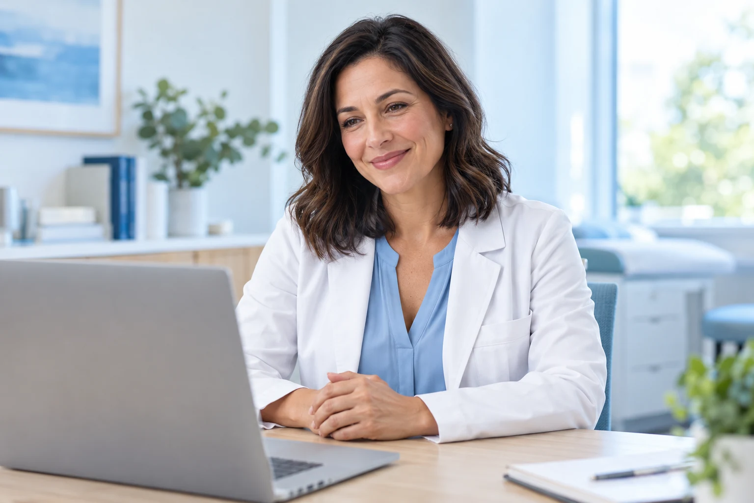 A welcoming healthcare professional connecting through a laptop